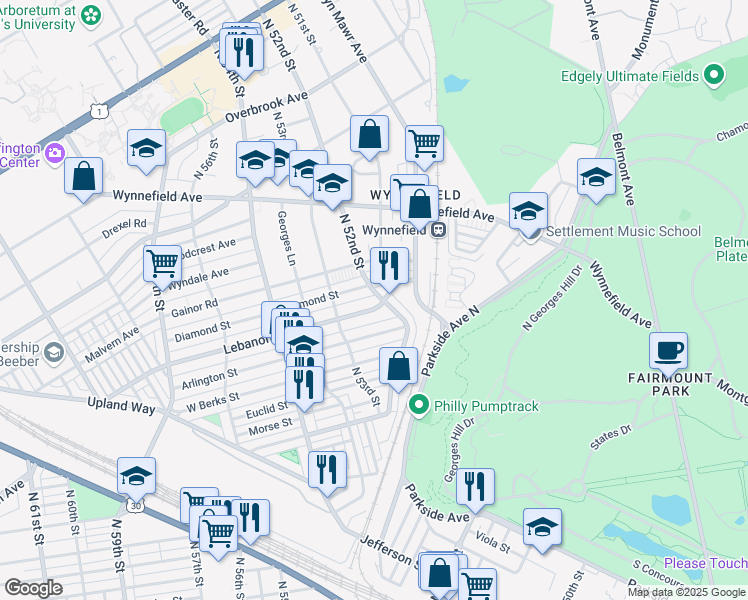 map of restaurants, bars, coffee shops, grocery stores, and more near 5203 Lebanon Avenue in Philadelphia