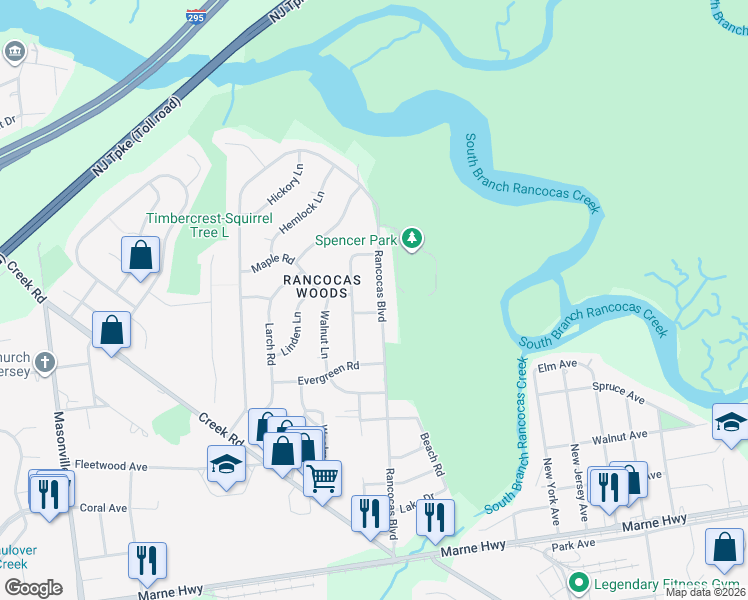 map of restaurants, bars, coffee shops, grocery stores, and more near 318 Rancocas Boulevard in Mount Laurel Township