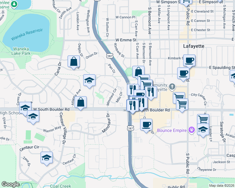 map of restaurants, bars, coffee shops, grocery stores, and more near 1031 Milo Circle in Lafayette