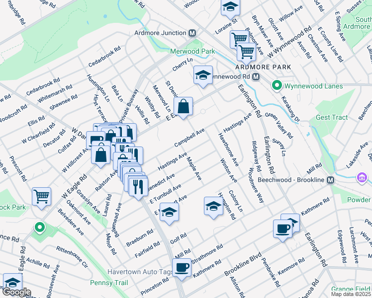 map of restaurants, bars, coffee shops, grocery stores, and more near 200 Hastings Avenue in Havertown