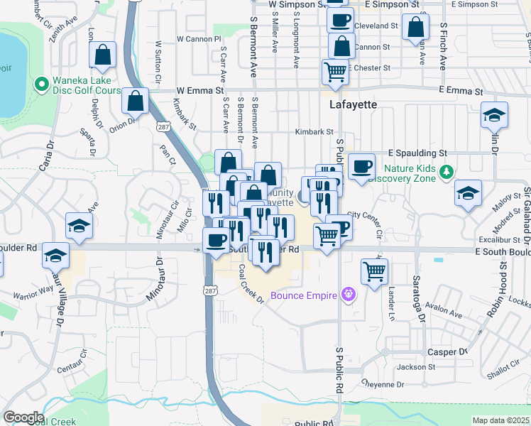 map of restaurants, bars, coffee shops, grocery stores, and more near 309 Waneka Pkwy in Lafayette