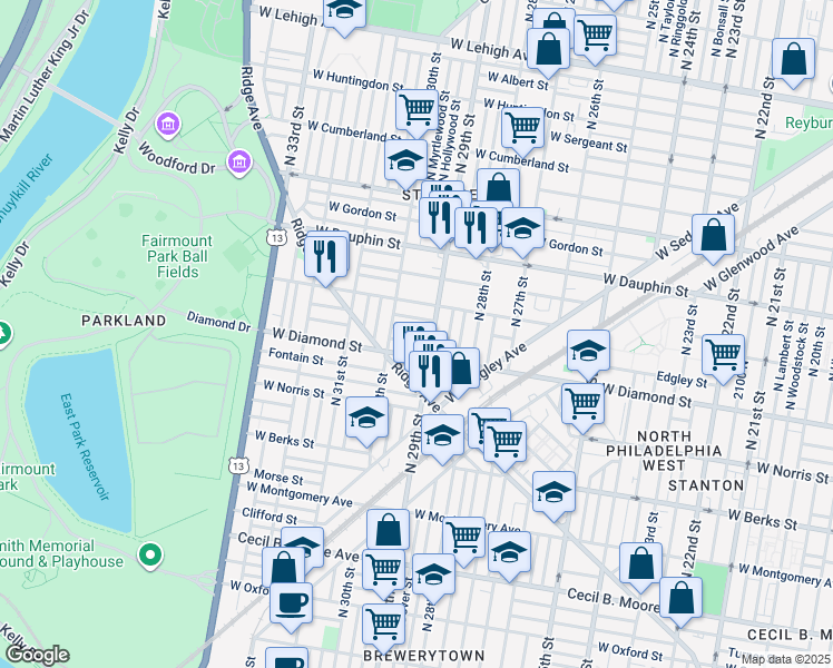 map of restaurants, bars, coffee shops, grocery stores, and more near 2918 Westmont Street in Philadelphia