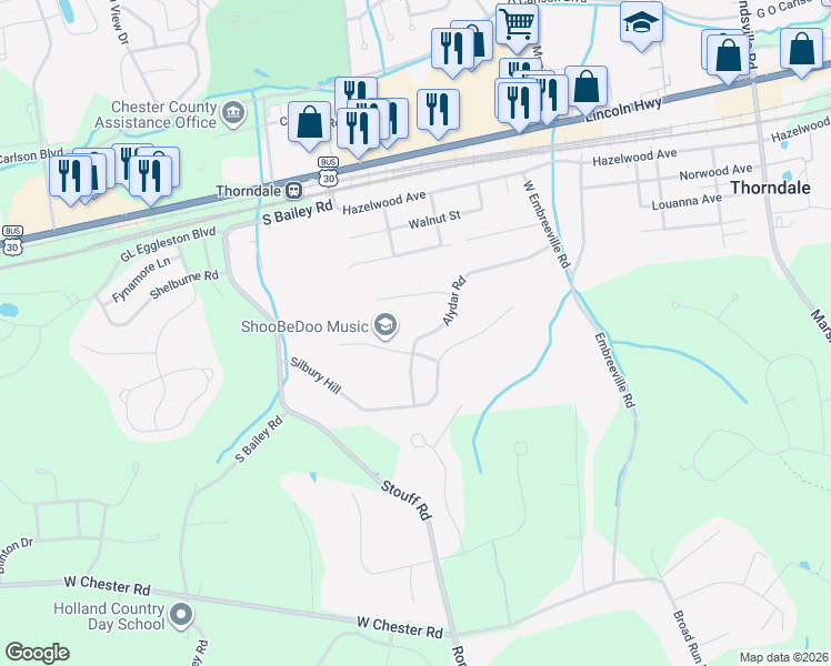 map of restaurants, bars, coffee shops, grocery stores, and more near 3341 Alydar Road in Downingtown