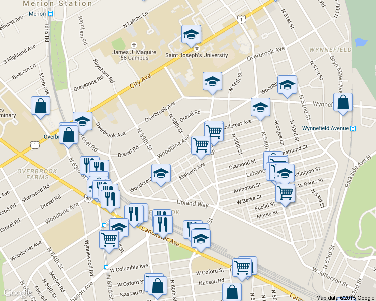 map of restaurants, bars, coffee shops, grocery stores, and more near 5807 Woodcrest Avenue in Philadelphia