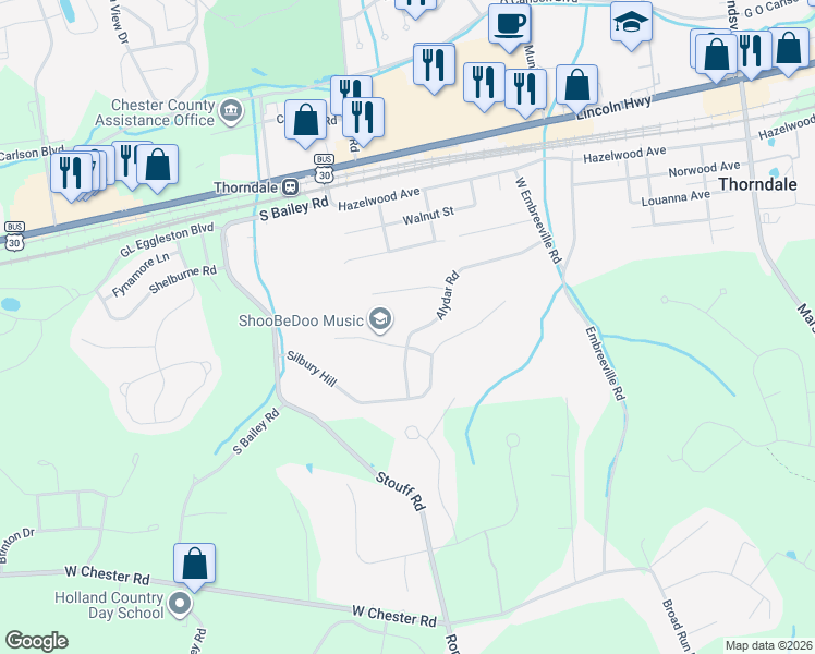 map of restaurants, bars, coffee shops, grocery stores, and more near 3341 Alydar Road in Downingtown