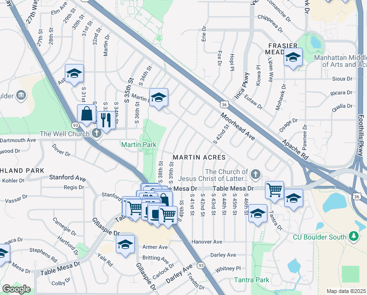 map of restaurants, bars, coffee shops, grocery stores, and more near 310 South 39th Street in Boulder