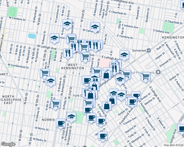 map of restaurants, bars, coffee shops, grocery stores, and more near 2521 North Howard Street in Philadelphia