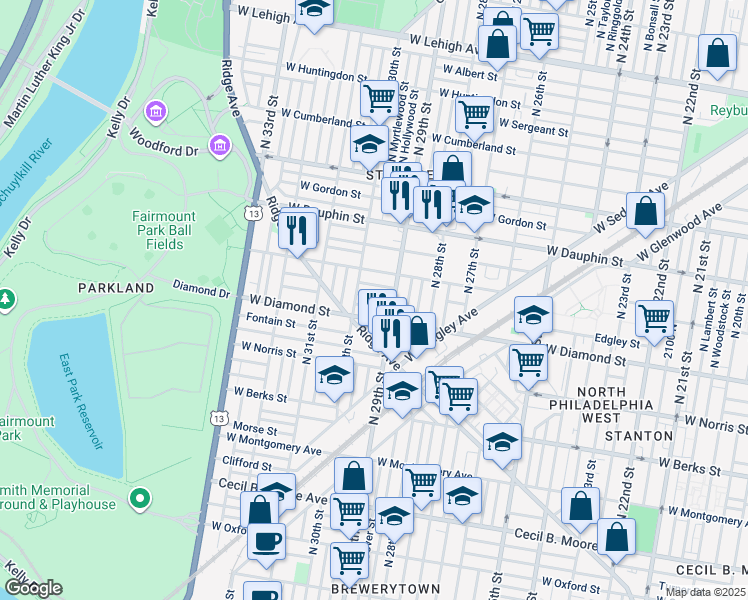 map of restaurants, bars, coffee shops, grocery stores, and more near 2928 Westmont Street in Philadelphia