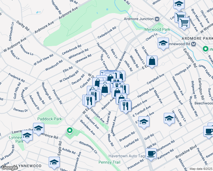 map of restaurants, bars, coffee shops, grocery stores, and more near 2411 West Darby Road in Havertown