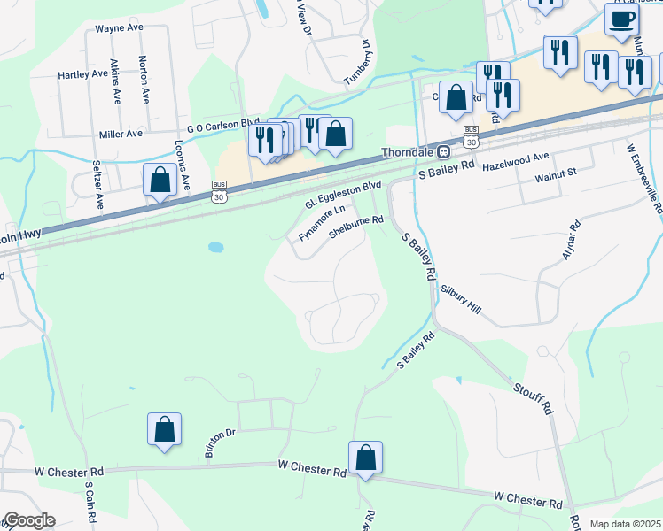 map of restaurants, bars, coffee shops, grocery stores, and more near 2836 Westerham Road in Downingtown