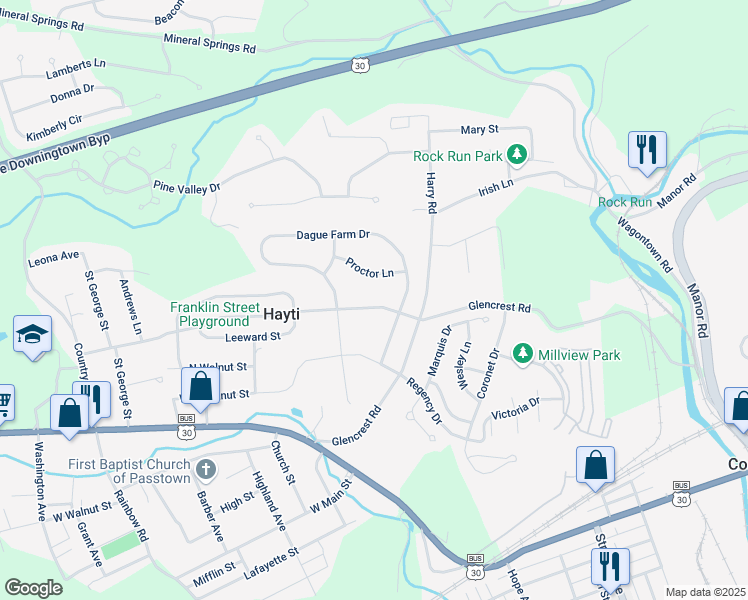 map of restaurants, bars, coffee shops, grocery stores, and more near 130 Dague Farm Drive in Coatesville