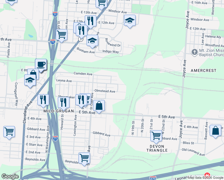 map of restaurants, bars, coffee shops, grocery stores, and more near 1068 Olmstead Avenue in Columbus