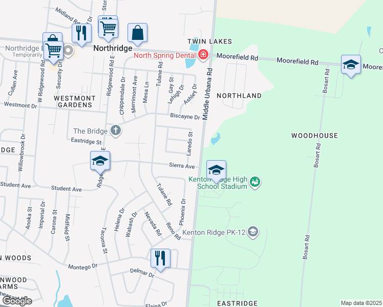 map of restaurants, bars, coffee shops, grocery stores, and more near 4538 Laredo Street in Springfield