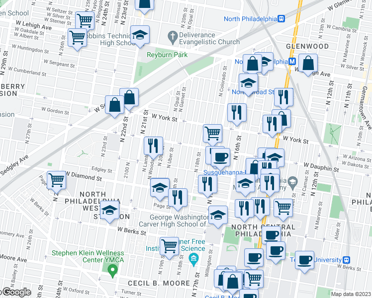 map of restaurants, bars, coffee shops, grocery stores, and more near 2262 North Gratz Street in Philadelphia