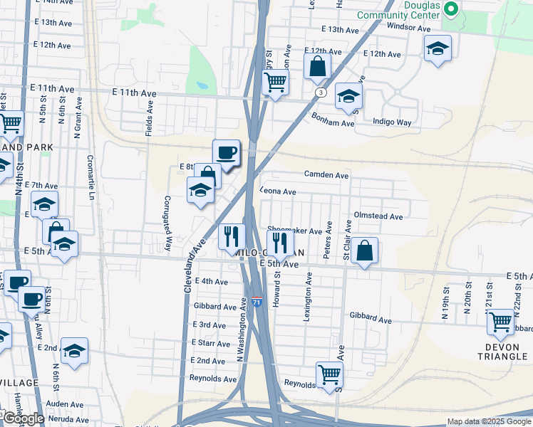 map of restaurants, bars, coffee shops, grocery stores, and more near 1165 Sidney Street in Columbus