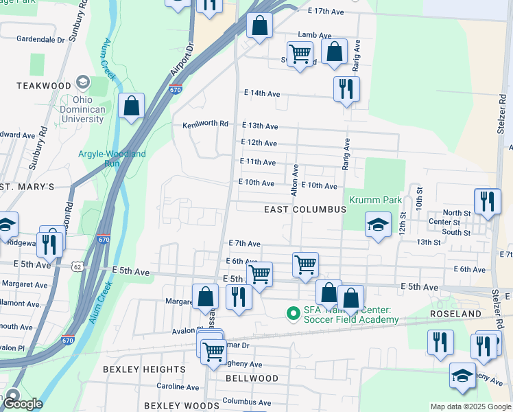 map of restaurants, bars, coffee shops, grocery stores, and more near 2825 East 9th Avenue in Columbus