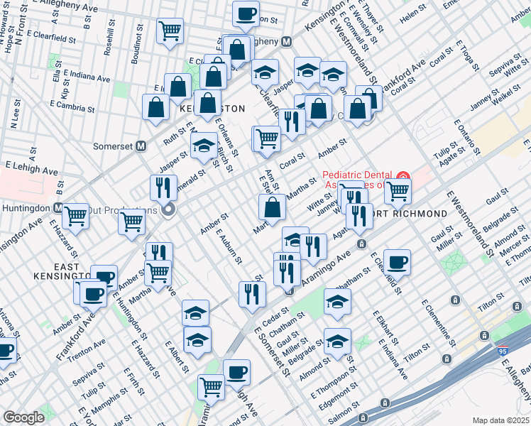 map of restaurants, bars, coffee shops, grocery stores, and more near 2143 East Orleans Street in Philadelphia