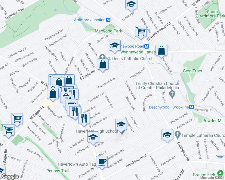 map of restaurants, bars, coffee shops, grocery stores, and more near 225 Hastings Avenue in Havertown