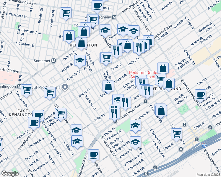 map of restaurants, bars, coffee shops, grocery stores, and more near 2160 East Stella Street in Philadelphia