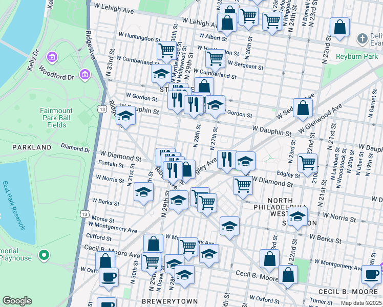 map of restaurants, bars, coffee shops, grocery stores, and more near 2136 North 28th Street in Philadelphia