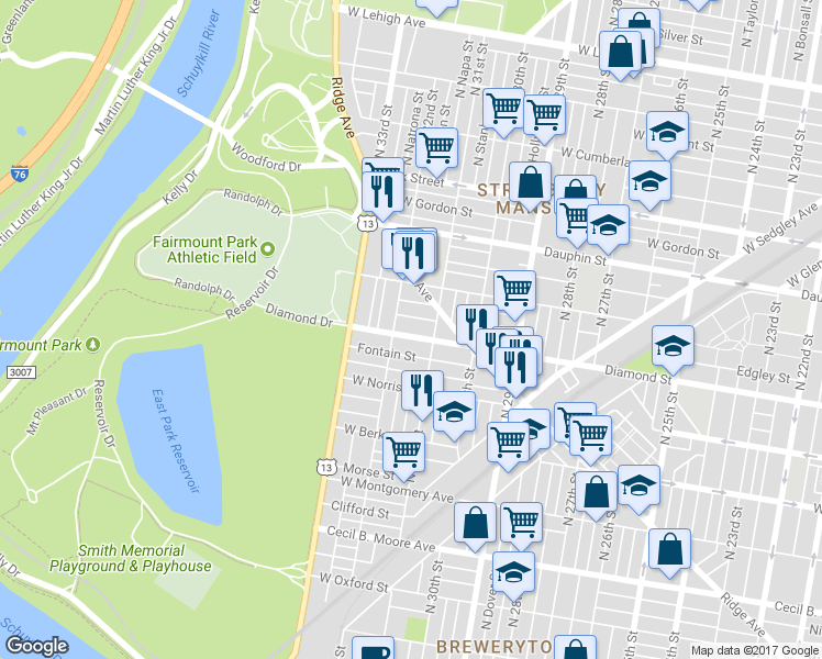 map of restaurants, bars, coffee shops, grocery stores, and more near 3129 W Diamond St in Philadelphia