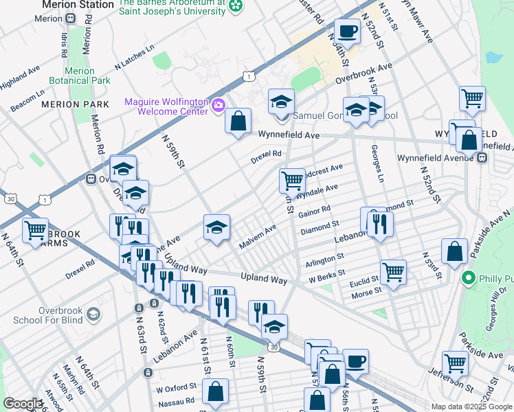 map of restaurants, bars, coffee shops, grocery stores, and more near 5807 Woodcrest Avenue in Philadelphia