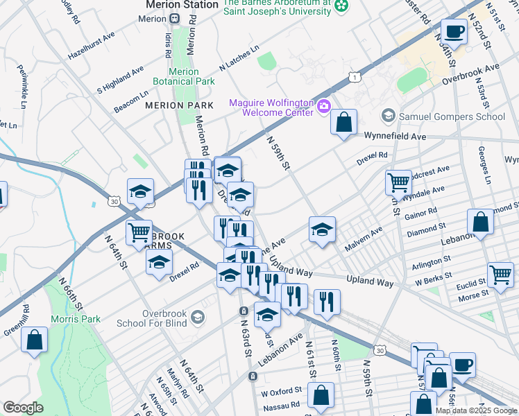map of restaurants, bars, coffee shops, grocery stores, and more near 5985 Drexel Road in Philadelphia