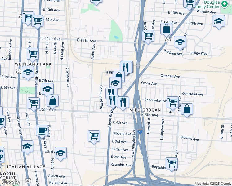 map of restaurants, bars, coffee shops, grocery stores, and more near 1183 Essex Avenue in Columbus