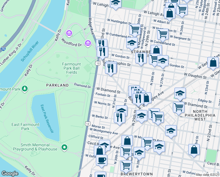 map of restaurants, bars, coffee shops, grocery stores, and more near 3129 W Diamond St in Philadelphia