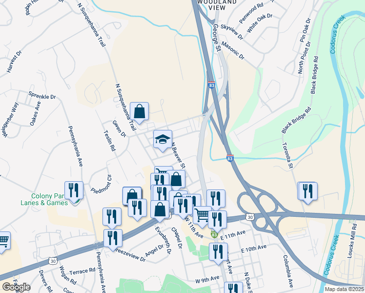 map of restaurants, bars, coffee shops, grocery stores, and more near 1935 N Beaver St in York