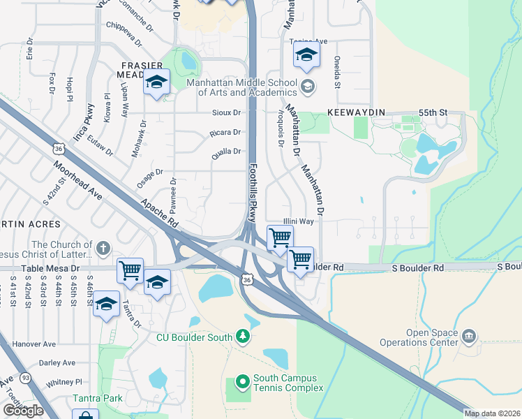 map of restaurants, bars, coffee shops, grocery stores, and more near 111 Cherokee Way in Boulder