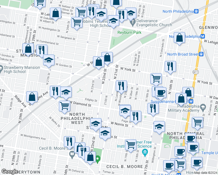 map of restaurants, bars, coffee shops, grocery stores, and more near 2233 North Van Pelt Street in Philadelphia