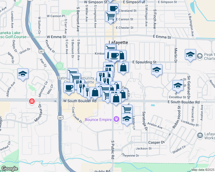 map of restaurants, bars, coffee shops, grocery stores, and more near 187 West South Boulder Road in Lafayette