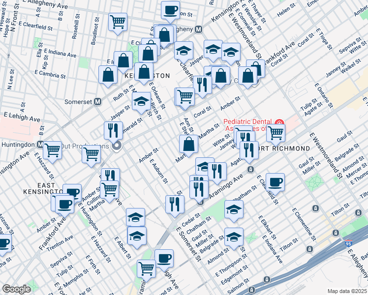 map of restaurants, bars, coffee shops, grocery stores, and more near 2143 East Orleans Street in Philadelphia