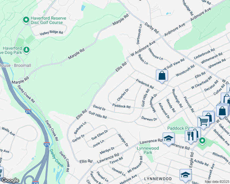 map of restaurants, bars, coffee shops, grocery stores, and more near 628 Paddock Road in Havertown