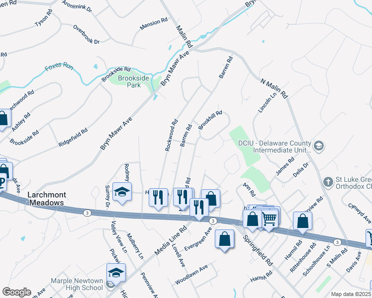 map of restaurants, bars, coffee shops, grocery stores, and more near 65 Barren Road in Newtown Square
