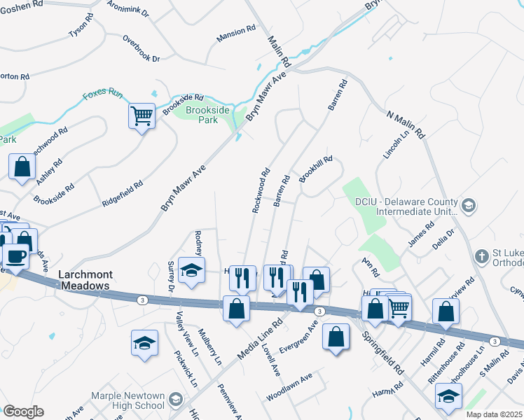 map of restaurants, bars, coffee shops, grocery stores, and more near 45 Rockwood Road in Newtown Square