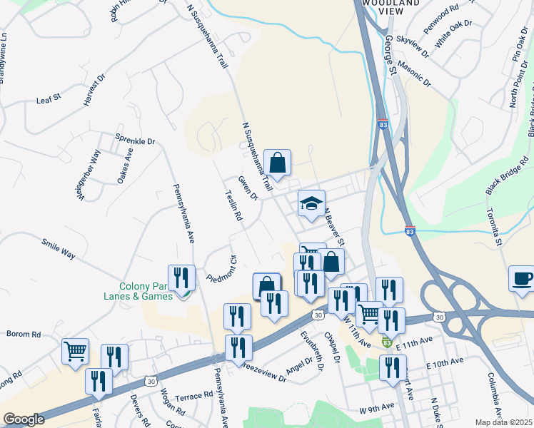 map of restaurants, bars, coffee shops, grocery stores, and more near 230 Piedmont Drive in York