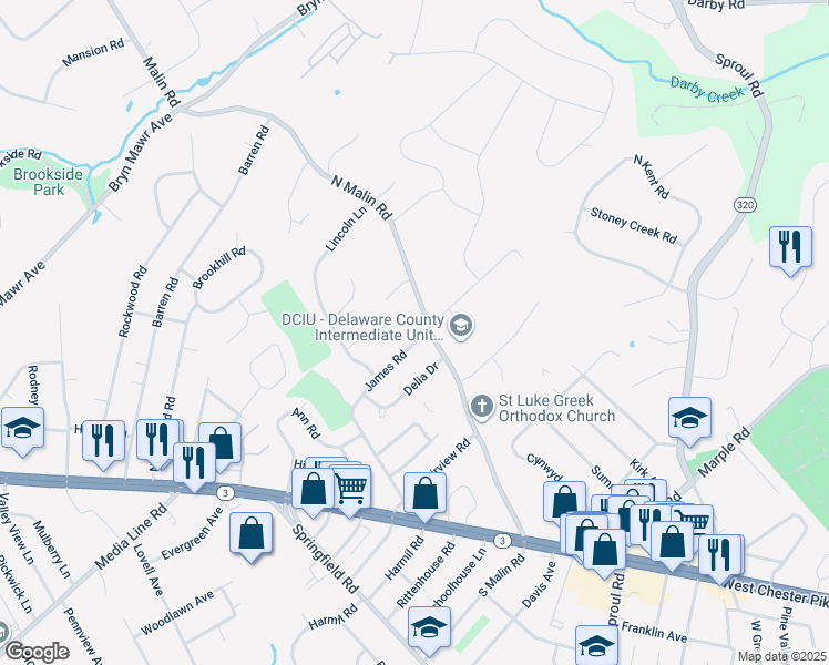 map of restaurants, bars, coffee shops, grocery stores, and more near 66 James Road in Broomall