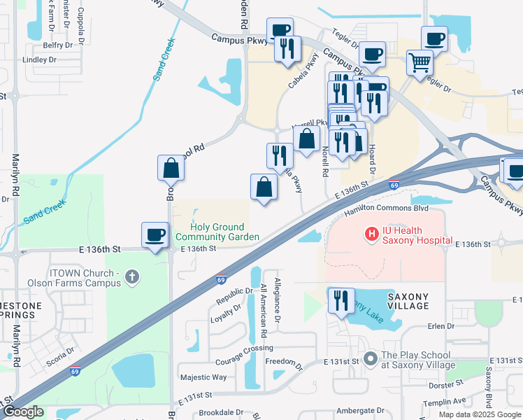 map of restaurants, bars, coffee shops, grocery stores, and more near 13725 Cabela Parkway in Noblesville