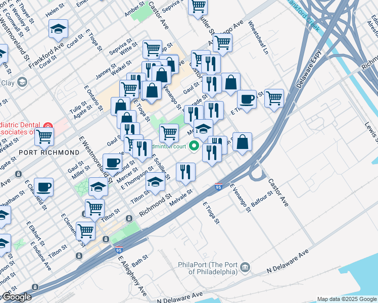 map of restaurants, bars, coffee shops, grocery stores, and more near 3546 Edgemont Street in Philadelphia