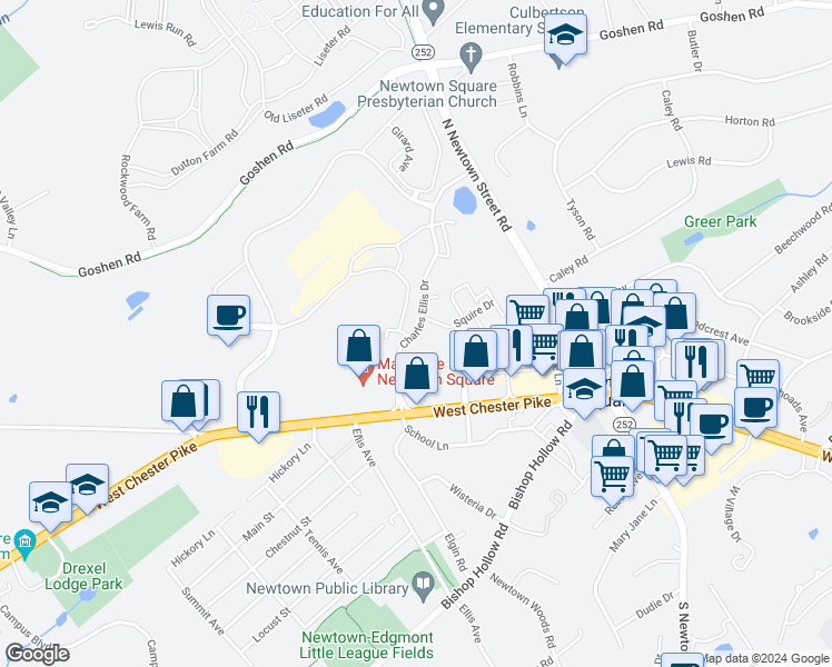 map of restaurants, bars, coffee shops, grocery stores, and more near Charles Ellis Lane in Newtown Square