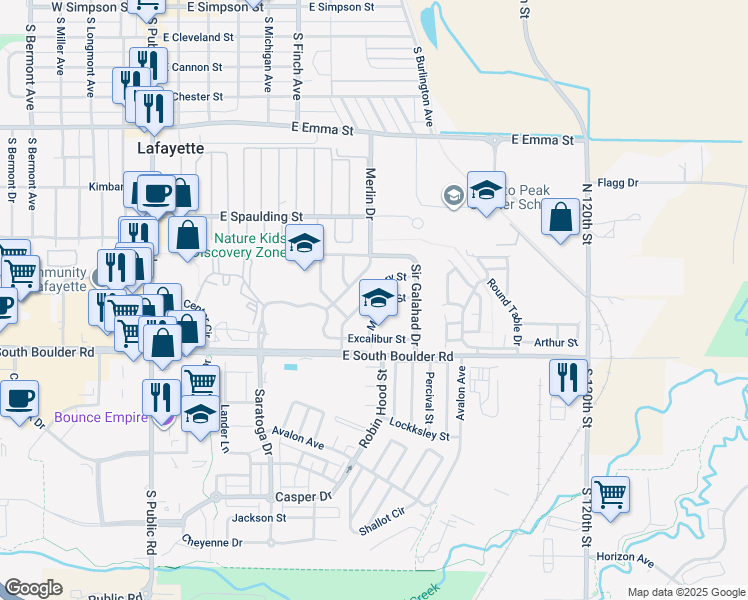 map of restaurants, bars, coffee shops, grocery stores, and more near 1040 Malory Street in Lafayette