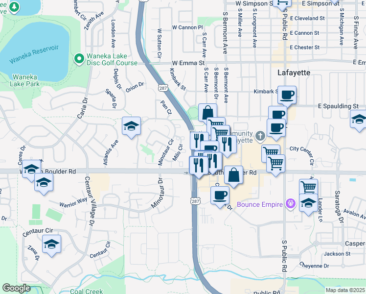 map of restaurants, bars, coffee shops, grocery stores, and more near 1090 Milo Circle in Lafayette