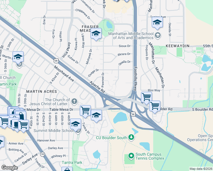 map of restaurants, bars, coffee shops, grocery stores, and more near 4690 Pawnee Place in Boulder