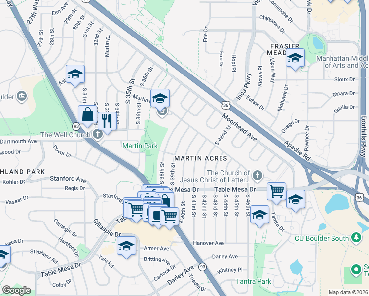 map of restaurants, bars, coffee shops, grocery stores, and more near 310 South 39th Street in Boulder