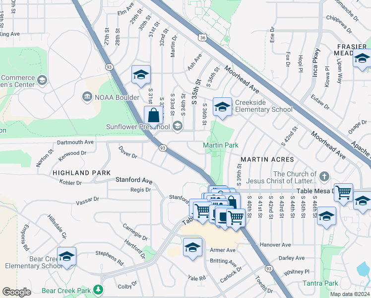 map of restaurants, bars, coffee shops, grocery stores, and more near 424 South Lashley Lane in Boulder
