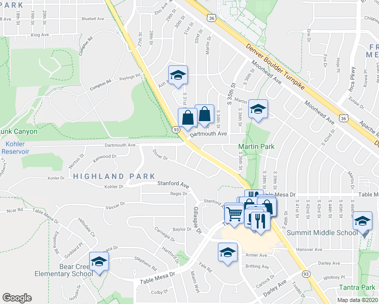 map of restaurants, bars, coffee shops, grocery stores, and more near 375 Harvard Lane in Boulder