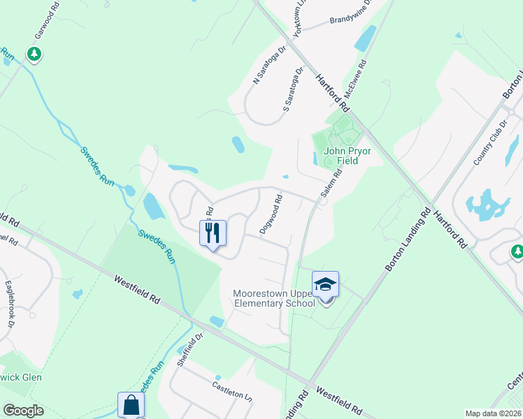 map of restaurants, bars, coffee shops, grocery stores, and more near 99 Brooks Road in Moorestown