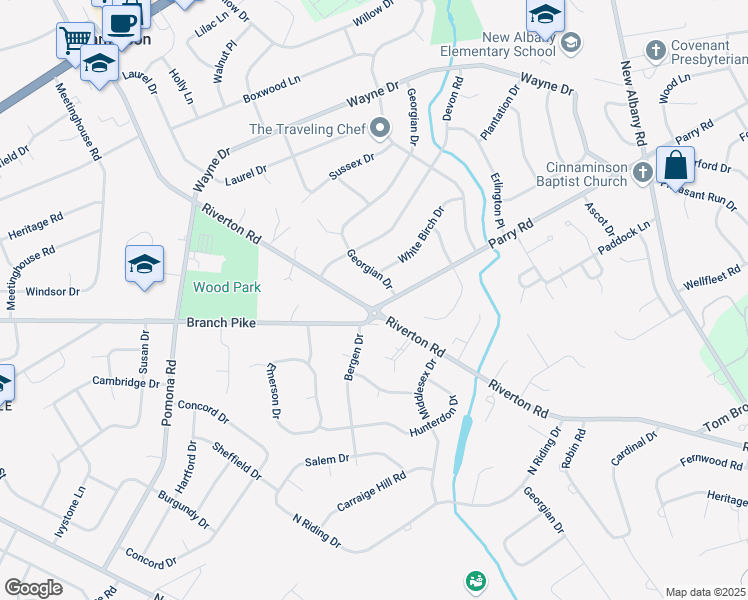 map of restaurants, bars, coffee shops, grocery stores, and more near 2410 Riverton Road in Cinnaminson